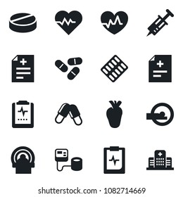 Set of vector isolated black icon - heart pulse vector, diagnosis, syringe, blood pressure, pills, blister, tomography, real, clipboard, hospital