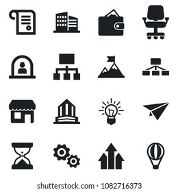 Set of vector isolated black icon - reception vector, office building, arrow up graph, gear, motivation, wallet, chair, idea, paper plane, hierarchy, contract, storefront, sand clock, air balloon