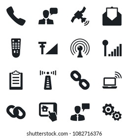 Set of vector isolated black icon - antenna vector, wireless notebook, speaking man, satellite, remote control, speaker, chain, mail, call, cellular signal, clipboard, home app, gear