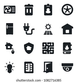 Set of vector isolated black icon - sim vector, smart home, control, chip, power plug, fan, water heater, air conditioner, bulb, protect, trash bin, fridge, sun panel, door, pass card, surveillance
