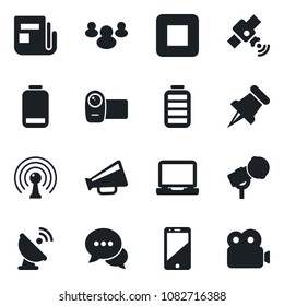 Set of vector isolated black icon - satellite antenna vector, microphone, news, loudspeaker, video camera, cell phone, dialog, laptop pc, group, paper pin, battery, low, stop button