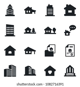 Set of vector isolated black icon - office building vector, house, with garage, tree, estate document, sweet home, city, message