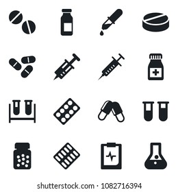 Set of vector isolated black icon - syringe vector, blood test vial, dropper, pills, bottle, blister, ampoule, pulse clipboard, flask
