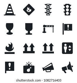 Set of vector isolated black icon - barrier vector, elevator, bomb in case, border cone, important flag, traffic light, fragile, up side sign, flammable, loudspeaker