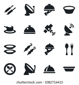 Set of vector isolated black icon - satellite antenna vector, spoon and fork, dish, plates, waiter, chicken, kebab, bowl