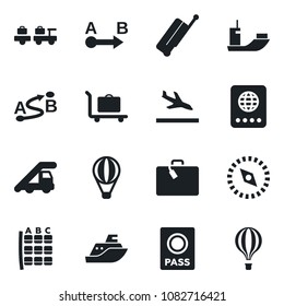 Set of vector isolated black icon - suitcase vector, arrival, baggage trolley, passport, larry, ladder car, seat map, sea shipping, route, compass, air balloon