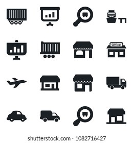 Set of vector isolated black icon - shop vector, store, plane, truck trailer, car delivery, sea port, search cargo, presentation, storefront