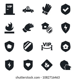 Set of vector isolated black icon - alarm car vector, glove, heart shield, flammable, protect, estate insurance, vip zone, home