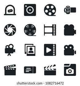 Set of vector isolated black icon - ticket vector, office, clapboard, film frame, reel, video camera, mobile, photo gallery