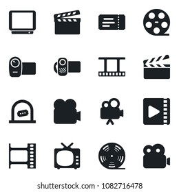 Set of vector isolated black icon - ticket vector, office, clapboard, film frame, reel, tv, video camera