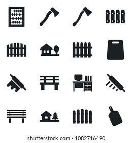 Set of vector isolated black icon - abacus vector, desk, fence, axe, bench, house with tree, rolling pin, cutting board