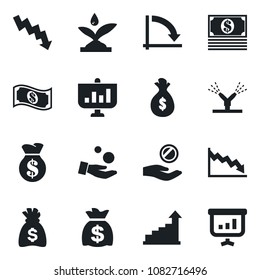 Set of vector isolated black icon - growth statistic vector, money bag, crisis graph, irrigation, investment, cash, presentation