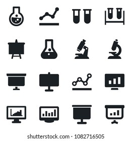 Set of vector isolated black icon - presentation board vector, statistic monitor, blood test vial, microscope, statistics, point graph, flask