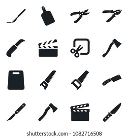 Set of vector isolated black icon - pruner vector, saw, garden knife, axe, scalpel, clapboard, cut, cutting board