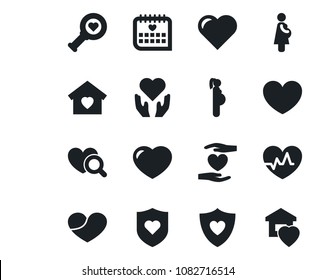 Set of vector isolated black icon - heart vector, pulse, diagnostic, shield, hand, medical calendar, pregnancy, sweet home