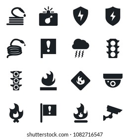 Set of vector isolated black icon - bomb in case vector, storm cloud, fire, hose, important flag, traffic light, flammable, protect, surveillance
