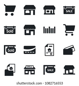 Set of vector isolated black icon - shop vector, store, barcode, estate document, sale, sold signboard, credit card, cart, storefront