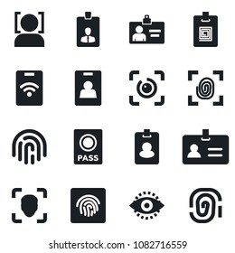 Set of vector isolated black icon - passport vector, identity, card, face id, eye, fingerprint, pass