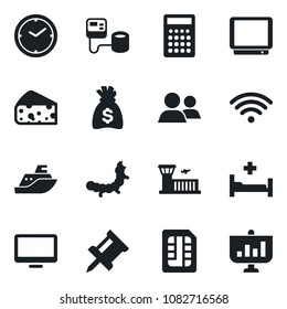 Set of vector isolated black icon - airport building vector, money bag, caterpillar, blood pressure, hospital bed, sea shipping, tv, monitor, group, sim, clock, drawing pin, wireless, cheese