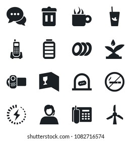 Set of vector isolated black icon - no smoking vector, ticket office, phone, support, video camera, dialog, battery, charge, wine card, phyto bar, coffee, plates, irrigation, trash bin, windmill