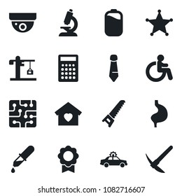 Set of vector isolated black icon - alarm car vector, disabled, tie, saw, dropper, microscope, stomach, battery, sertificate, sweet home, crane, chip, police, surveillance, calculator, hard work