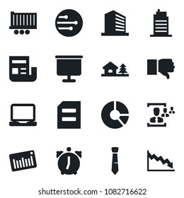 Set of vector isolated black icon - office building vector, document, circle chart, truck trailer, barcode, laptop pc, finger down, alarm, network, presentation board, news, hr, tie, house with tree