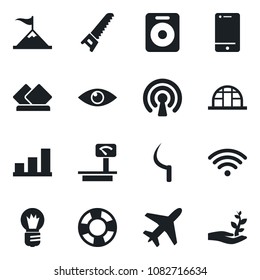 Set Of Vector Isolated Black Icon - Plane Vector, Bulb, Saw, Sickle, Greenhouse, Eye, Heavy Scales, Cell Phone, Speaker, Bar Graph, Wireless, Serviette, Motivation, Crisis Management, Palm Sproute