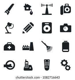 Set of vector isolated black icon - camera vector, pencil, rake, saw, doctor case, tomography, antenna, remote control, radio phone, speaker, low battery, desk lamp, factory, home, gear