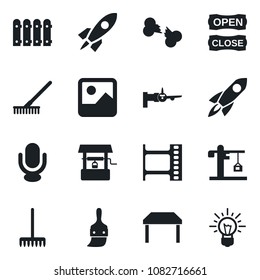 Set of vector isolated black icon - boarding vector, rake, well, broken bone, film frame, microphone, gallery, themes, fence, table, crane, open close, rocket, idea