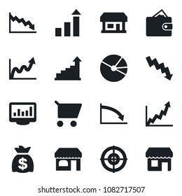 Set of vector isolated black icon - shop vector, growth statistic, money bag, crisis graph, store, monitor statistics, pie, target, wallet, cart, storefront