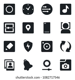 Set of vector isolated black icon - phone back vector, update, mobile camera, protect, clock, bell, record, scanner, network, notes, brightness, place tag, face id, music, photo gallery