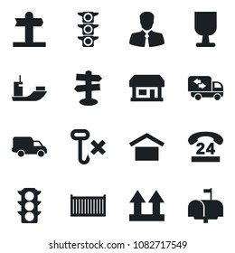 Set of vector isolated black icon - signpost vector, store, traffic light, 24 hours, client, sea shipping, cargo container, car delivery, fragile, warehouse storage, up side sign, no hook, moving