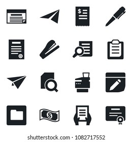 Set of vector isolated black icon - document search vector, pen, folder, notes, clipboard, copier, contract, stapler, restaurant receipt, cash, paper plane, schedule, certificate