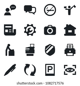 Set of vector isolated black icon - dispatcher vector, parking, no smoking, baby room, pen, shield, camera, dialog, speaker, update, root setup, news, printer, copier, house, eye scan