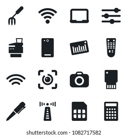 Set of vector isolated black icon - antenna vector, pen, notebook pc, garden fork, barcode, camera, remote control, phone back, tuning, sim, wireless, eye id, copier, usb flash, calculator