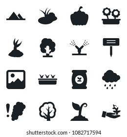 Set of vector isolated black icon - tree vector, sprout, seedling, rain, plant label, pumpkin, pond, fertilizer, gallery, mountains, flower in pot, irrigation, smoke detector, palm