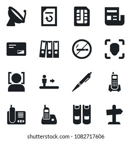 Set of vector isolated black icon - satellite antenna vector, escalator, no smoking, book, document reload, office phone, radio, mail, sim, face id, news, paper binder, pen, guidepost