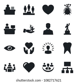 Set of vector isolated black icon - pedestal vector, manager place, heart, hand, tooth, eye, virus, user, company, desk, meeting, palm sproute, shining head, hierarchy