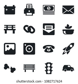 Set of vector isolated black icon - mail vector, bench, broken bone, cash, traffic light, chain, mobile camera, gallery, printer, phone, salad, battery, rocket, car