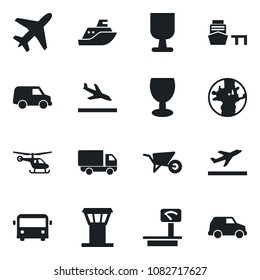 Set of vector isolated black icon - plane vector, airport tower, departure, arrival, bus, helicopter, wheelbarrow, earth, sea shipping, car delivery, port, fragile, heavy scales