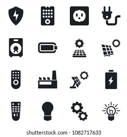 Set of vector isolated black icon - bulb vector, remote control, speaker, protect, battery, sun panel, factory, socket, power plug, gear, idea