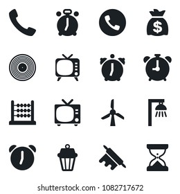 Set of vector isolated black icon - alarm clock vector, phone, tv, money bag, vinyl, call, abacus, rolling pin, outdoor lamp, windmill, sand