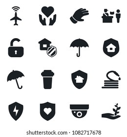 Set of vector isolated black icon - plane radar vector, passport control, umbrella, glove, hose, heart shield, hand, protect, lock, estate insurance, water filter, home, surveillance, palm sproute