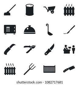 Set of vector isolated black icon - passport control vector, safe, farm fork, wheelbarrow, pruner, hoe, garden knife, scalpel, cargo container, oil barrel, heater, dish, ladle