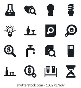 Set of vector isolated black icon - document search vector, bulb, blood test vial, heart diagnostic, water supply, estate, alcohol, drink, energy saving, money, idea, flask, sand clock