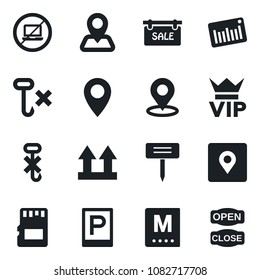 Set of vector isolated black icon - parking vector, no laptop, vip, plant label, navigation, pin, up side sign, hook, barcode, sd, place tag, sale, menu, open close