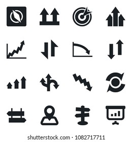 Set of vector isolated black icon - signpost vector, crisis graph, route, navigation, up side sign, data exchange, compass, update, target, arrow, growth, presentation