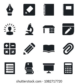 Set of vector isolated black icon - book vector, calculator, desk, presentation board, pencil, microscope, notes, copybook, paper clip, abacus, ink pen, shining head