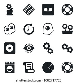 Set of vector isolated black icon - gear vector, contract, pills blister, rec button, record, eye id, pie graph, flower in pot, omelette, washer, clock, crisis management
