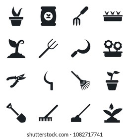 Set of vector isolated black icon - job vector, garden fork, farm, rake, seedling, sproute, pruner, hoe, sickle, fertilizer, flower in pot, irrigation